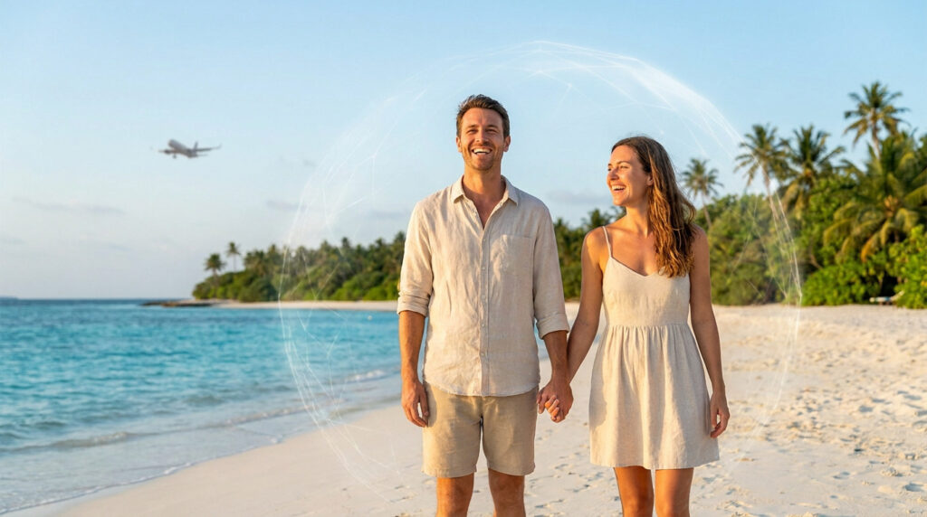 Un couple heureux marchant sur une plage tropicale, entouré par une bulle de protection numérique symbolisant l'assurance.