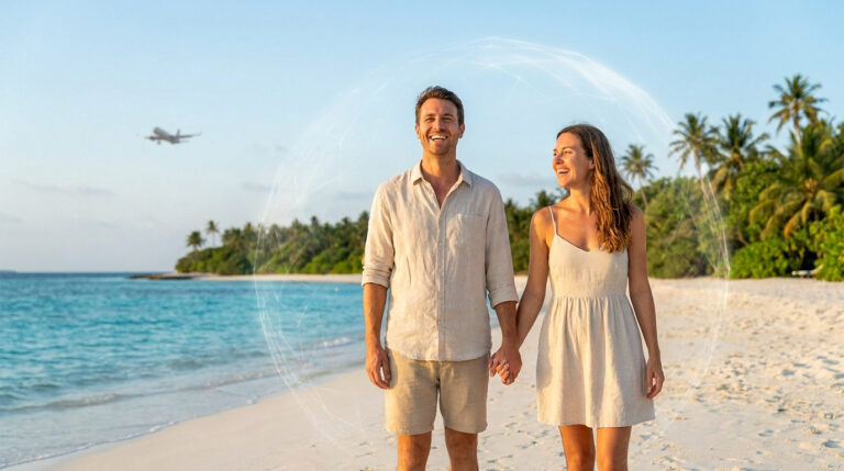 Un couple heureux marchant sur une plage tropicale, entouré par une bulle de protection numérique symbolisant l'assurance.