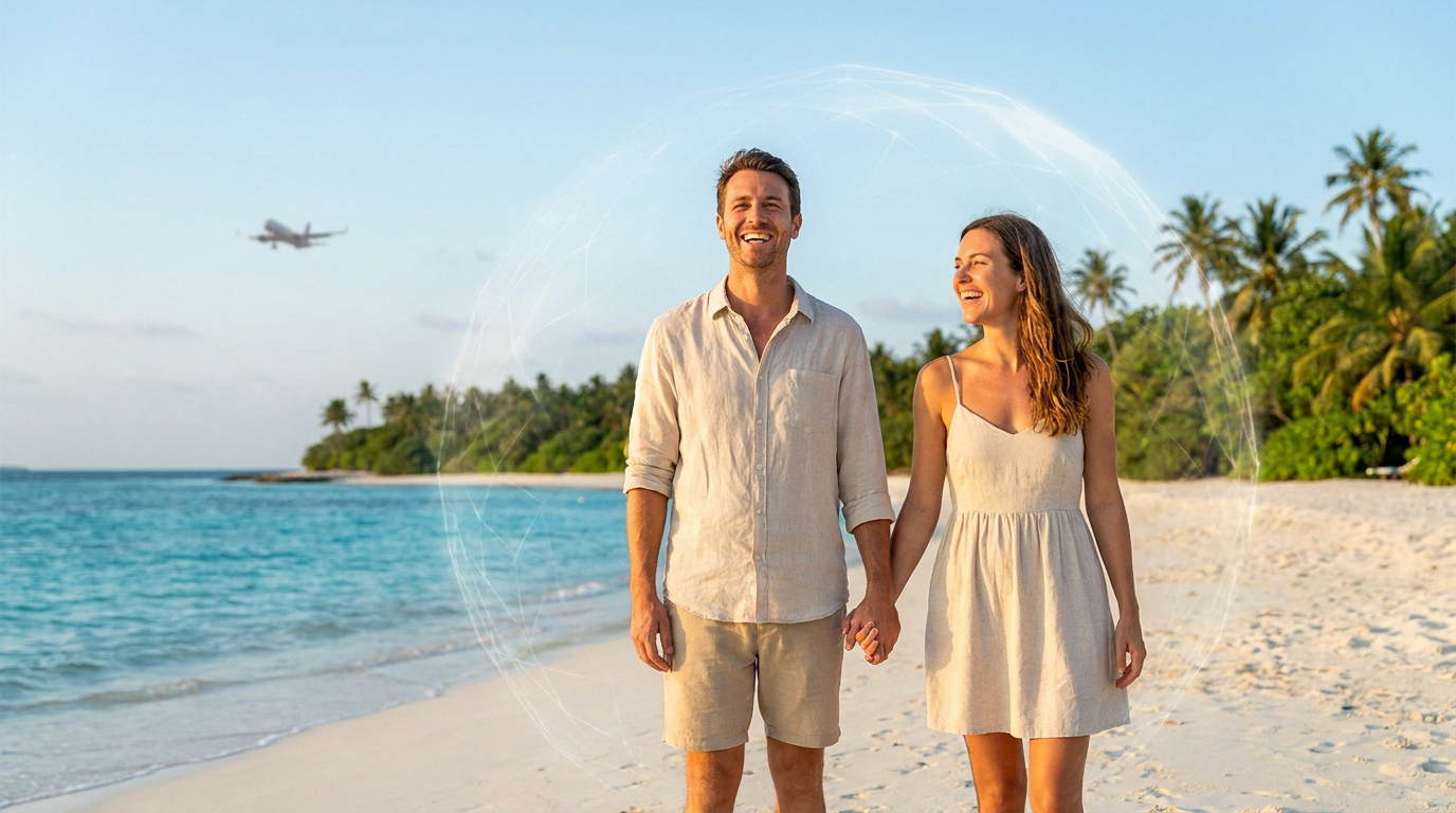 Un couple heureux marchant sur une plage tropicale, entouré par une bulle de protection numérique symbolisant l'assurance.